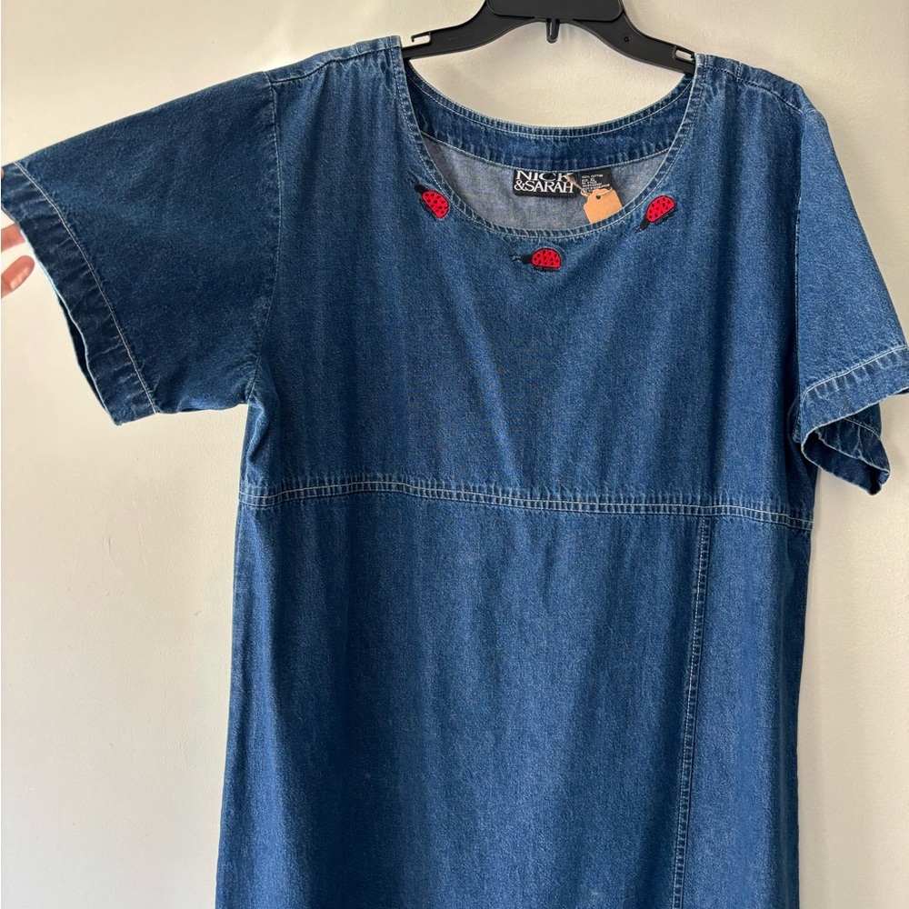 Vintage Boho Maxi Denim Embroidered Lady Bugs Preppy Short Sleeve Maxi Dress XL
